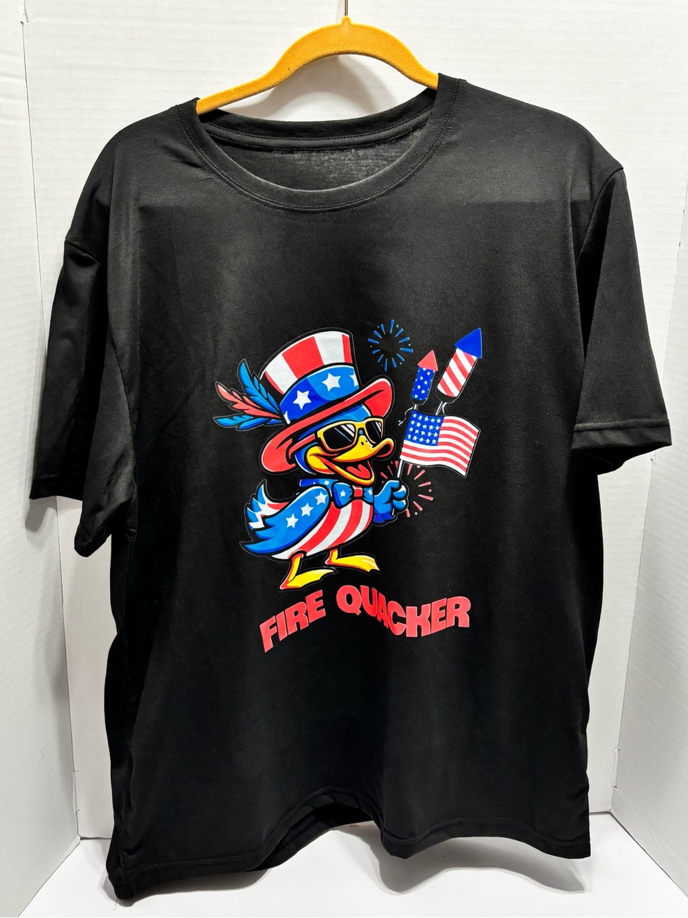 Black 'Fire Quacker' Graphic Tee - Patriotic Duck Design UNISEX SIZE XL